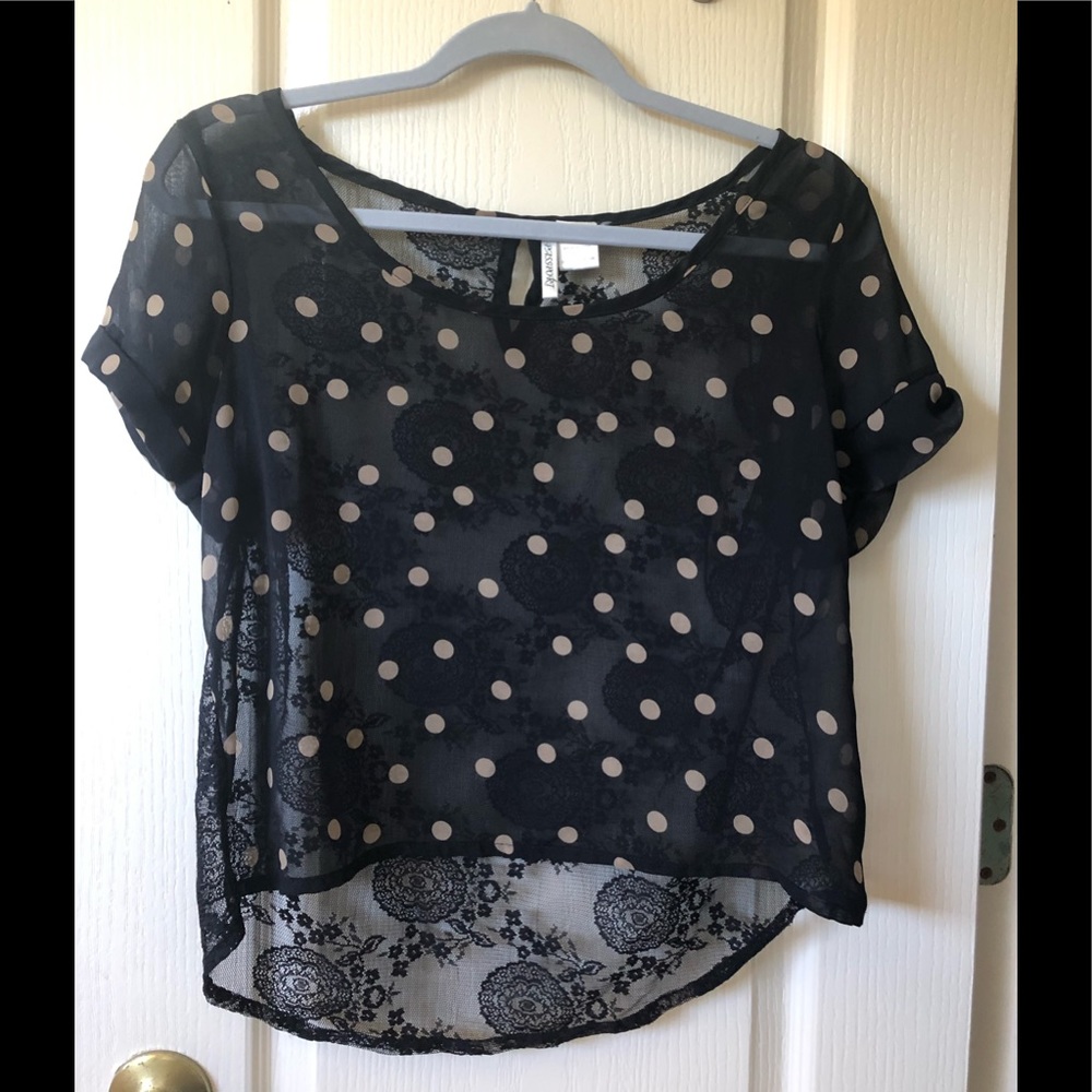 Cute sheer and lace polka dot boxy crop top